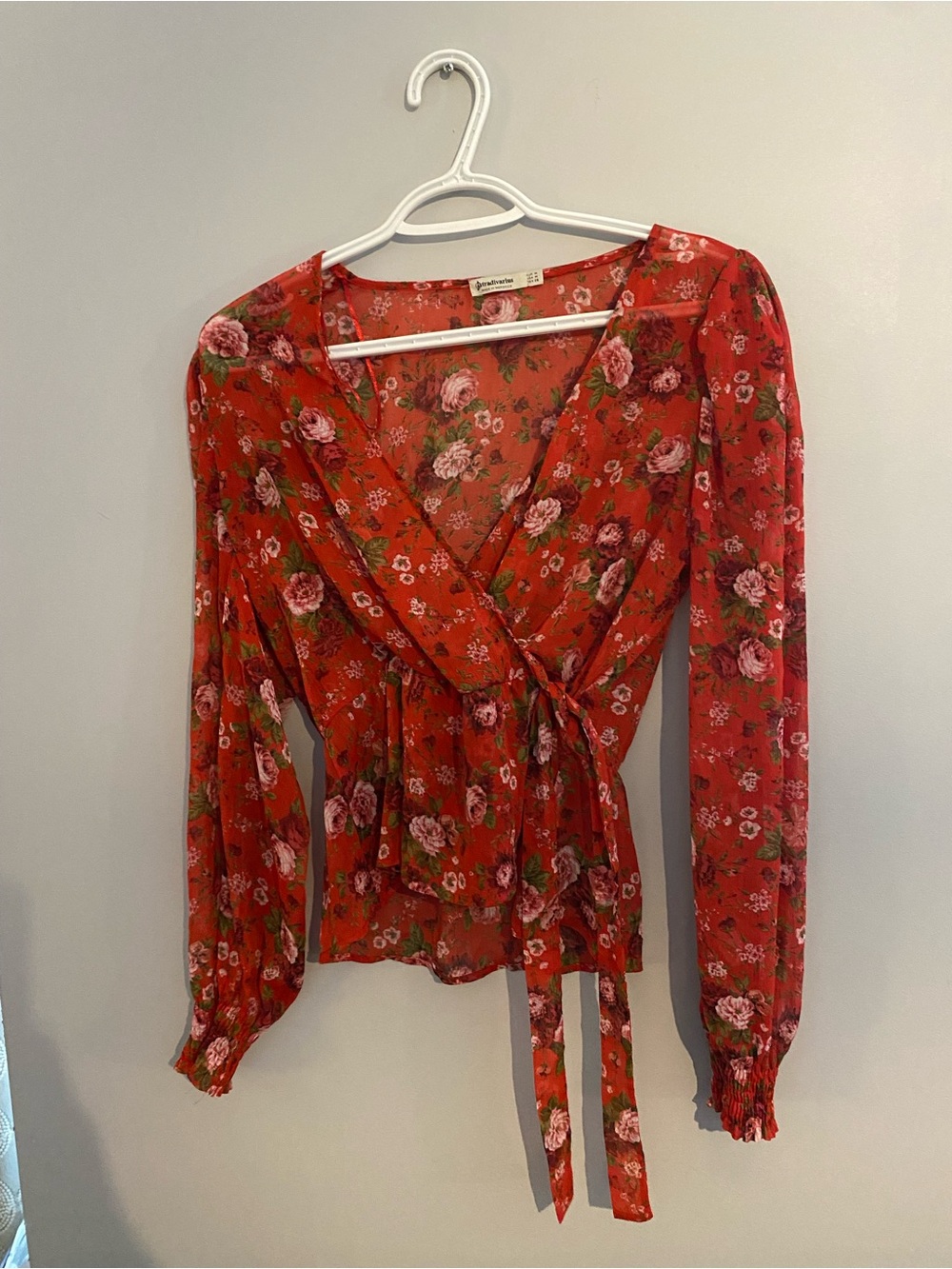 Sheer Floral Red Blouse with Tie Waist